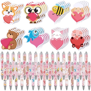 ReliThick 64 Pcs Valentine's Day Heart Sticky Notes Valentines Pens Set, 32 Pcs Mini heart shaped animal Sticky Note Pads 32 Pcs Cute pink heart Gel Ink Pen for Kids School Classroom Gift Party Favors