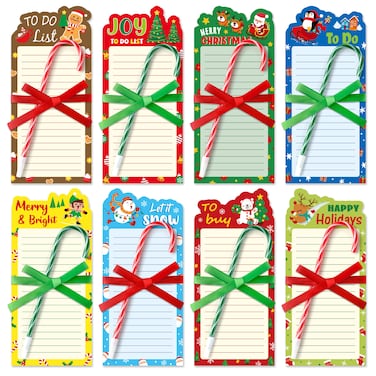 ANGOLIO Christmas Sticky Notes with Pen - 8 Set Christmas Notepads with Candy Cane Pen Christmas Sticky Notes to Do List Gift Self-Stick Notes for Holiday Classroom Rewards Christmas Goodie Bag