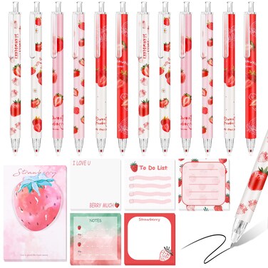 Sabary 18 Pieces Strawberry Print Stuff, 12 Strawberry Pens and Strawberry Notes with 6 Styles, Aesthetic Pens, Strawberry Gifts for Christmas Office Supplies for Strawberry Lover Gift