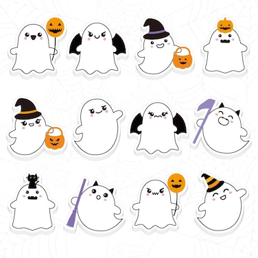 Whaline 24 Packs Halloween Sticky Notes Cute Boo Ghost Notepads 12 Designs Trick or Treat Reminder Memo Pads for Annotating Books Office Study Supplies
