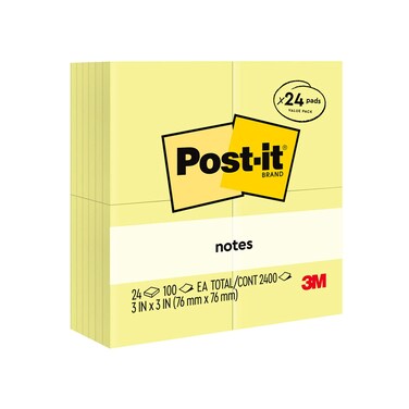 Post-it Notes, 3x3 in, 24 Pads, America's No.1 Favorite Sticky Notes, Canary Yellow, Clean Removal, Recyclable (654-24VAD) (Pack of 8, 192 Count Total)
