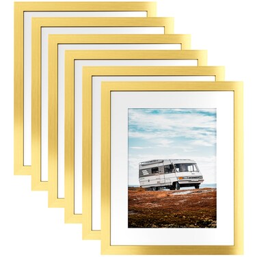 PEALSN 11x14 Picture Frame Set of 6, Display Pictures 8x10 with Mat or 11x14 Without Mat for Wall Mounting or Table Top Display, Photo Frames Collage for Wall Decor, Gold.