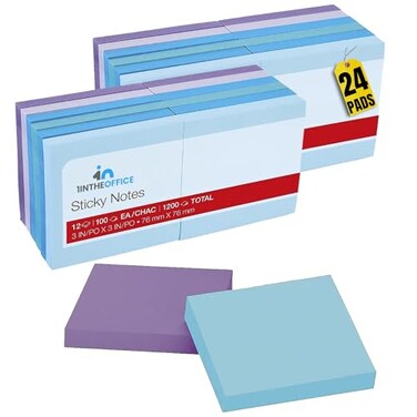 1InTheOffice Sticky Notes 3x3, Sticky Notes Refills, Sticky Notes Pastel Color, Assorted, 100 Sheets/Pad, 24 Pads/Pack