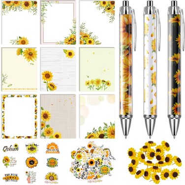 82 Pcs Sunflower Theme Office Supplies for Women Men Include 50 Sunflower Stickers 20 Sunflower Push Pins 3 Sunflower Pattern Retractable Pen 9 Sunflower Sticky Note Pads for Offices Schools