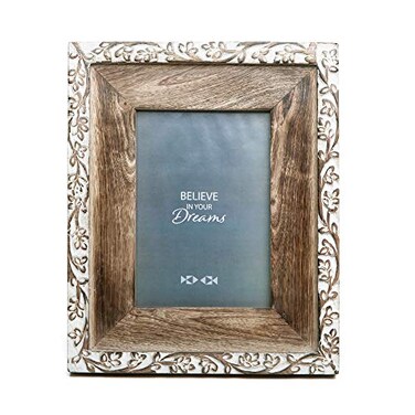 NIKKY HOME Hand Carved Floral Picture Frame 5x7 Rustic Boho Style Mango Wood Design with White Distressed Finish, Dark Wood Color