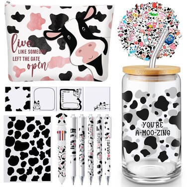 Watersay 64 Pcs Cow Gifts for Women Cow Lovers Cow Themed Gifts Cow Print Gifts for Women 16oz Cow Tumbler Cow Print Makeup Bag Cow Pens Sticky Notes Stickers Multicolor Refill Pen
