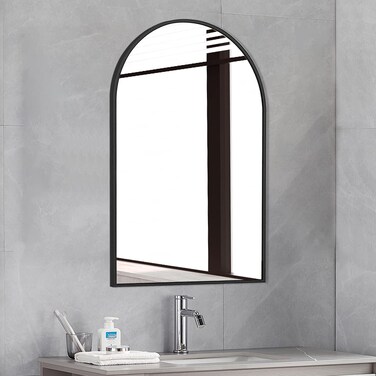 Dewfig Wall Mounted Mirror, 20"x30" Arched Wall Bathroom Mirror, Black Vanity Wall Mirror with Metal Frame, Modern &amp; Contemporary Arch Top Wall Mirror for Bedroom, Entryway, Living Room, Black