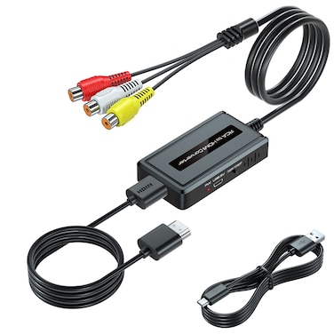Bcrokory Female RCA to HDMI Converter with HDMI Cable for N64/Wii/PS2/Xbox with Male RCA(RCA Cable Integrated), CVBS AV Composite to HDMI Converter Supports Full HD 720P/1080P Output Switch