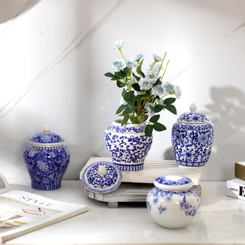 Hushee Set of 4 Small Blue and White Vase Porcelain Vases Blue Chinoiserie Decor Porcelain Ginger Jars for Home Decor Chinoiserie Vase for Bedroom Living Room Console Table Accent Shelf Tabletop Decor