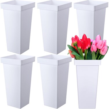 Beeveer 6 Pcs Flower Buckets 13.4 Inch Plastic Floral Bucket for Cut Flowers Modern Square Vases for Centerpieces Display Decorative Plastic Vases for Table Home Wedding Decorations (White)