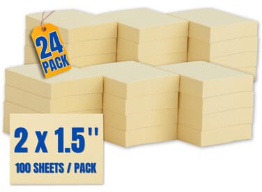 1InTheOffice Small Sticky Notes 1.5 x 2, Self-Stick Note Pads, Yellow, 100-Sheet 24/Pack