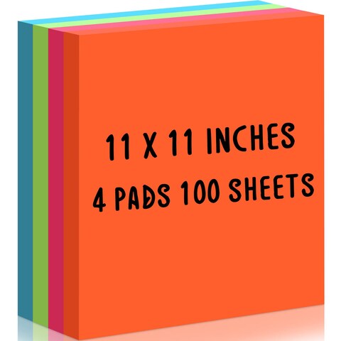 Big Sticky Notes, Bright Colors Self Stick Pads Big Note Pads Assorted Colors Large Self Stick Note Pads Easy to Post for Home, Office, Notebook Supplies 4 Pads 100 Sheets (11 x 11 Inch)