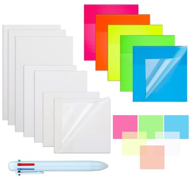 600 Sheets Transparent Sticky Notes, Shynek Clear Self Stick Notes Translucent Colorful Note Pads Assorted Size with Ballpoint Pen for Reading, Learning, Meeting, School Annotation Supplies