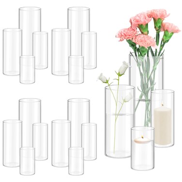 16pcs Glass Cylinder Vase 4, 6, 8, 10 Inch Hurricane Candle Holder Clear Tall Clear Vases for Wedding Centerpieces Glass Flower Vase for Table Shelf Home Decor Party