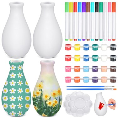Singhoow 4 Set Paint Your Own Porcelain Vases Paint Vase Art Craft Project White Ceramic Vases Painting Kit for Adults Porcelain Vase Decorating Kit with Art Supplies DIY Craft Home Decor (Stylish)