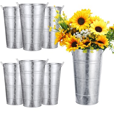 Chumia 6 Pcs 12 Inch Galvanized Metal Vase, French Flower Bucket Vases for Cut Flowers, Metal Flower Bucket Decoration, Home Farmhouse Vase Table Decoration for Wedding Party(Silver)