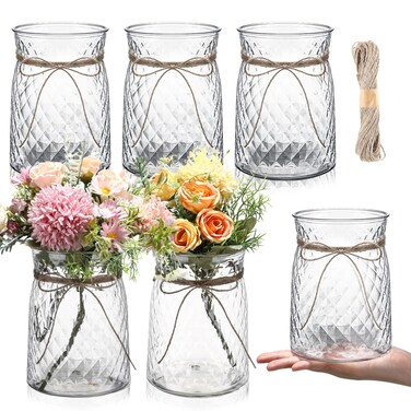 Bokon 6 Pcs Plastic Vases Bulk for Centerpieces Table, 6.3 in Bud Vases in Bulk, Mini Clear Vase for Flower with Rope Design and Plant Containers for Wedding Dinning Home Decoration (Clear)