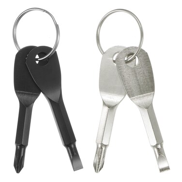 HARFINGTON 4pcs Portable Key Chain Screwdriver PH1 Phillips 4.8mm Slotted CR-V Multifunction Mini Key Screw Driver Set with Key Ring for Daily Maintenance, Camping, Outdoor, Black Silver