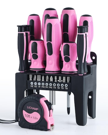 Lichamp 22-Piece Pink Tool Set, Small Pink Magnetic Screwdriver set for Women with 10ft Tape Measure Pink