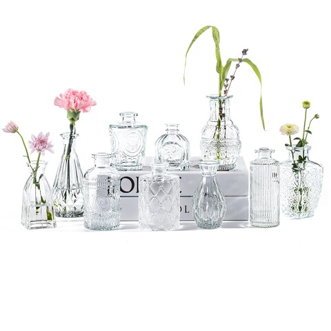 PURVONNIE Vintage Small Vases for Flowers Set of 10, Mini Bud Vases for Flowers,Clear Small Vases in Bulk for Centerpieces Decorations,Wedding Party Home Coffee Table Flower Decor (Clear)