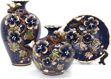 Aendu Exquisite 3D Flower Decoration Classical Decorative Ceramic Vase Set of 3 - Chinese Vases for Home Decor - Elegant Addition to Your Living Space (Blue)