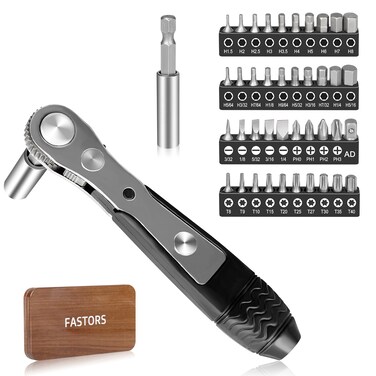 FASTORS Right Angle Screwdriver,42 PCS 1/4 Mini Ratchet Set,90 Degree Offset Ratcheting Wrench,Hex/Torx/Slotted/Phillips Magnetic Bits,Stocking Stuffers for Men&amp;Women