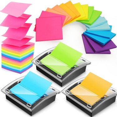 3 Pack Pop up Sticky Note Dispenser Post Note Holder Black Base with 24 Pads Colored Pop up Sticky Notes Memo Pads Blank Self Stick 3x3 Refills Back to School Office Supplies, 50 Sheet Per Pad