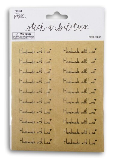 40 Handmade with Love Stickers -Script on Brown Craft Background