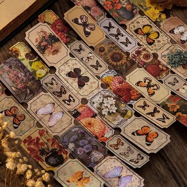 Tvoip 4Sheets 120Pcs Vintage Scrapbooking Sticker Pack Butterfly Flower Letter Fairytale Adhesive Label for Scrapbook Journaling Envelope DIY Project