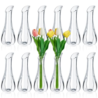 Mumufy 12 Pcs Acrylic Glass Bud Vases for Centerpiece Christmas Clear Plastic Bud Vase Crystal Acrylic Vase Small Break Resistant Flower Vase for Rose Home Decoration (Classic, 2.17 x 5.91 Inch)
