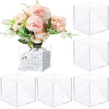 Meanplan 6 Pack Square Flower Vase, Flower Acrylic Vase Clear Cube Shape Flower Vase Decorative Centerpiece for Wedding Home Office Floral Decor(4 x 4 x 4 Inch)