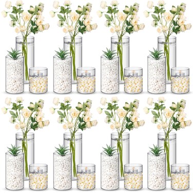 Nuogo 24 Pcs Plastic Cylinder Vases Tall Clear Flower Vases for Centerpieces Hurricane Candle Holder for Home Wedding Office Party Formal Dinners Decorations (4''/6''/8'')