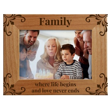 Family Where Life Begins And Love Never Ends - Family Picture Frame, Fits a 5x7 Horizontal Portrait, Engraved Natural Wood Photo Frame for Family, Dad, Mom, Grandparents, Father, From son, daughter