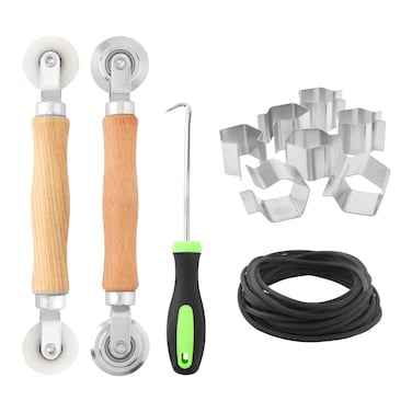 HOJLKLD Window Screen Repair Kit, Steel/Nylon Roller Tool with Bearing+8pcs Screen Clips+32ft Screen Spline+Spline Removal Hook, 5 in 1 Screen Roller Tool Kit for Installing Door Mesh Screens