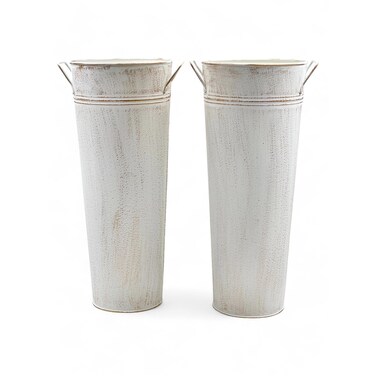 Hosley Set of 2 White Metal Vases with PVC Liner 15 Inch High. Ideal Gift for Wedding Special Occasion Home Office Dried Floral Arrangements