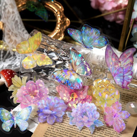 120Pcs Holographic Glitter Stickers 6 Themes PET Vintage Transparent Sticker Decorative Decals Self-Adhesive Waterproof Daily Sticker for Scrapbooking Planner Bullet Junk Journal Supplies