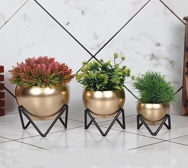 Kalakriti Egyptian Decoration Metal Antique Flower Vase Pot with Stand for Indian Home Decor Decoratives for Indoor Outdoor Living Room Balcony   Best Gift Birthday Anniversary  Golden, 3 pcs Set