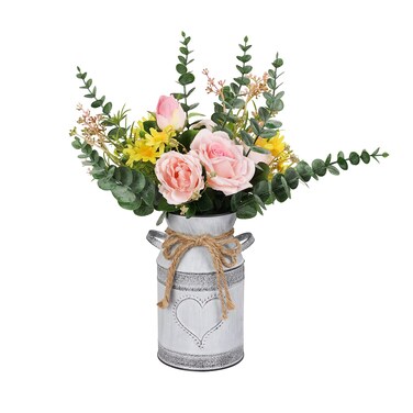 LIBWYS Metal Flower Vase Milk Can Rustic Style with Rose &amp; Eucalyptus Shabby Chic Metal Vase for Rustic Home Dining Table Centerpieces Decor (Pink, 1)