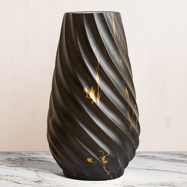MEAKEO 10 inch Tall Ribbed Ceramic Vase for Flowers,Boho Vases for Pampas Grass,Fluted vase,Simple Modern Decorative Vase for Home Decor Table Centerpieces (Black,Gold Marble)
