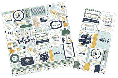 Baby Scrapbook Stickers - Cute Chipboard Phrases, Baby Boy Scrapbook Stickers with Animals, Toys Design - Baby Stickers for Scrapbooking, Photo Album, Diary, Journal - Baby Boy Theme Design - 2 Items