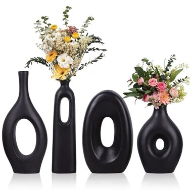 Black Ceramic Vase Set of 4 - Round Hollow Boho Vases for Pampas Grass and Flowers Decor, Modern Minimalist Small Vases for Living Room, Bedroom, Fireplace, Coffee Table Decor, and Centerpieces