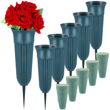 BBTO 6 Sets 6 Sets Large Cemetery Vases for Grave with Spikes and Foam Inserts, Memorial Cemetery Grave Cones Vases Cemetery Decoration Flower Holder for Fresh and Artificial Flowers (Taper)