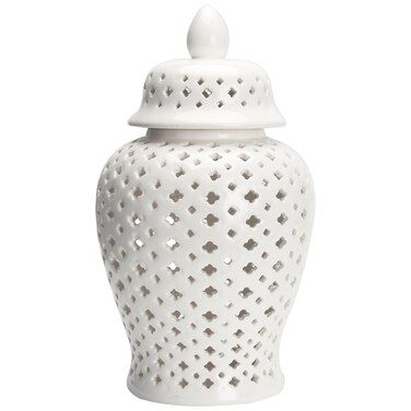Luxshiny Lattice Ginger Jar 10 * 22CM Ceramic Decorative Jar with Lid Decorative Temple Jar with Intricate Mediterranean Inspired Lattice Work Flower Vase Stunning Home Decor White