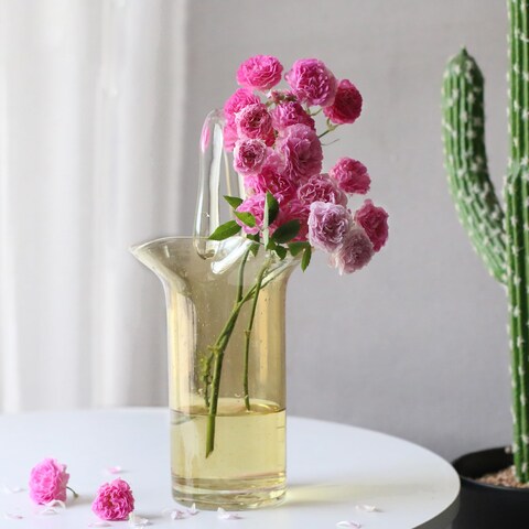Yellow Basket Glass vase with Handle and Bubbles, Purse vase,Small Glass vases for Flowers,Cute vase,Handbag Flower vase for Home Deco/Party Decorations