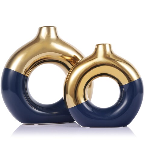 Flower Vase for Home Decor - Gold and Navy Blue Ceramic Vase Set of 2, Donut Vase for Blue Decor, Modern Boho Decorative Vase, Round Hollow Pampas Grass Vase, Dining Table, Mantel &amp; Centerpiece
