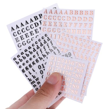 Letter Stickers Small Alphabet Stickers Mini Numbers Stickers 6 Sheets Glitter Alloy Self Adhesive Monogram Letters for Epoxy Resin Casting Decoration DIY Craft Scrapbook Nail(Rose Gold, Black)