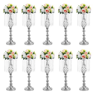 Sziqiqi Silver Metal Flower Stand for Wedding Table - 10pcs 20in Floor Vase Stands with Crystal Beads for Road Leads Tall Tabletop Centerpiece for Party Birthday New Opening