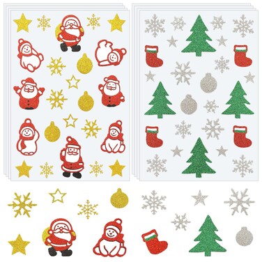 8 Sheets 204PCS Christmas Glitter Stickers Self Adhesive Snowflakes Santa Claus Snowman Christmas Tree Holiday Stickers for Kids Gifts Home Party Christmas Decoration Crafts Scrapbooking Cards Windows