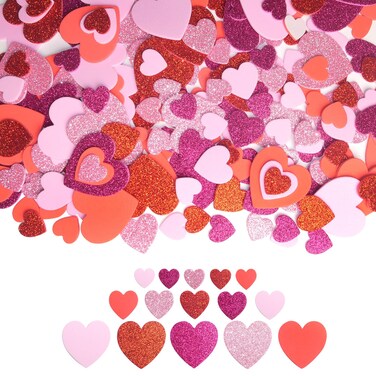 HADDIY Valentine's Day Foam Heart Stickers,300 Pcs Glitter Red Pink Hearts for Crafts 3 Different Sizes Heart Shape Decals for Kids Art Scrapbooking and Wedding Decor