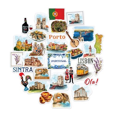 Navy Peony Picturesque Portugal Travel Stickers (31pcs)-Watercolor, Waterproof Iconic Vacation Decals for Journals, Scrapbooks, Water Bottles